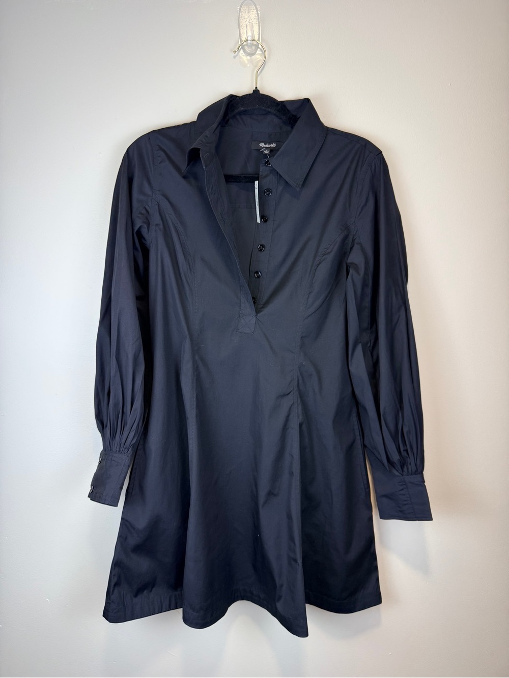 NWT Madewell Cotton Poplin Mini Shirt Dress Black Balloon Sleeve Size 2 - Picture 4 of 12
